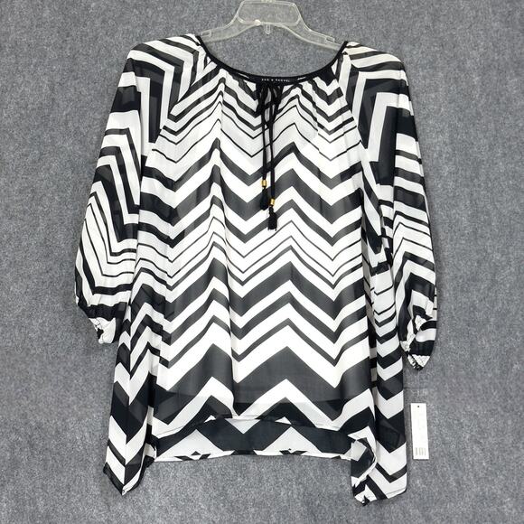Sheer Chiffon Chevron Chic Tunic w/Tank L Asymmetric Hem Black/White Boho Flowy - Picture 1 of 15